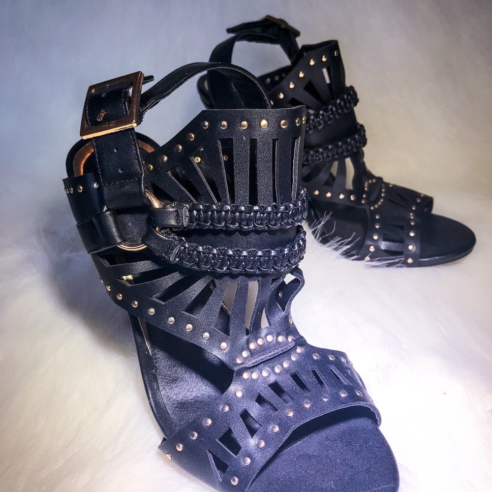 Sexy Strappy Black Faux Leather Gold Studded Heels
